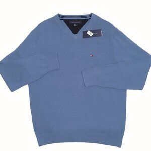 NEW Tommy Hilfiger Sweater!  Medium Blue  V Neck  Tommy Flag on Chest  Cotton